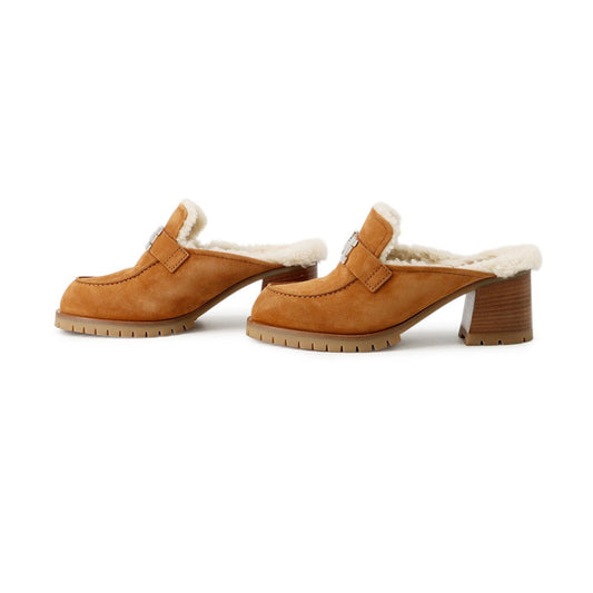 HERMES Mule Flore BrownH222057Z Chevre LeatherVelour Sheepskin Size 37