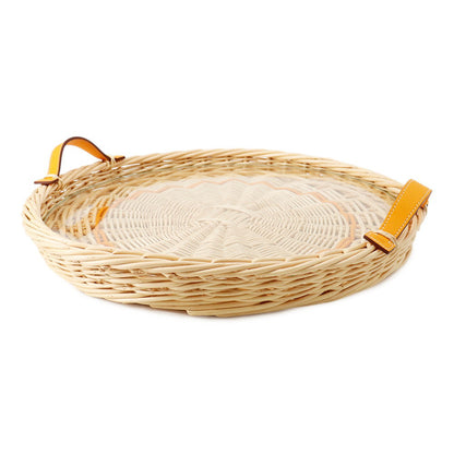 HERMES Round tray "Ozre color" PM Jaune Doll Willow Swift Leather Glass