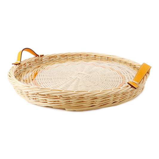 HERMES Round tray "Ozre color" PM Jaune Doll Willow Swift Leather Glass