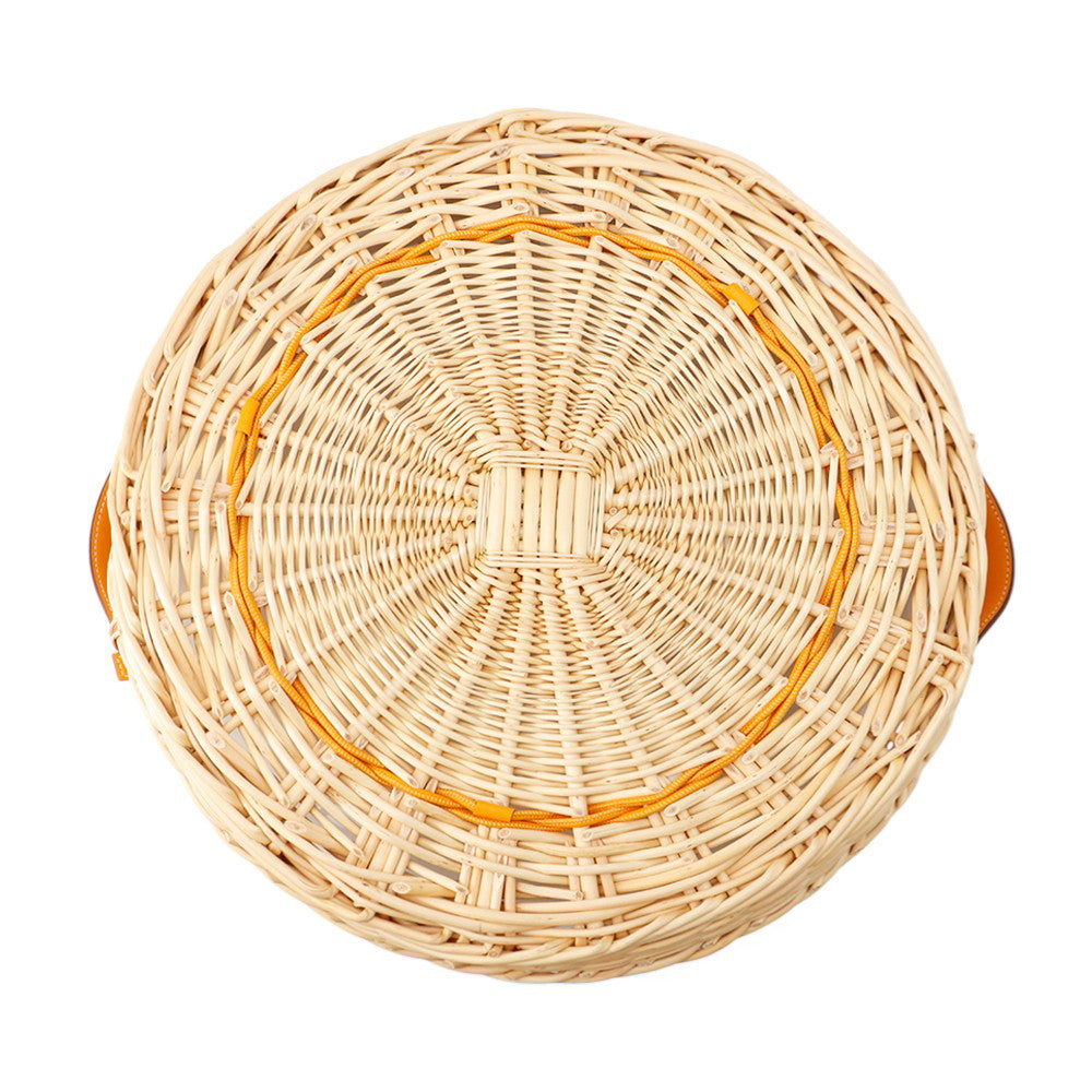 HERMES Round tray "Ozre color" PM Jaune Doll Willow Swift Leather Glass