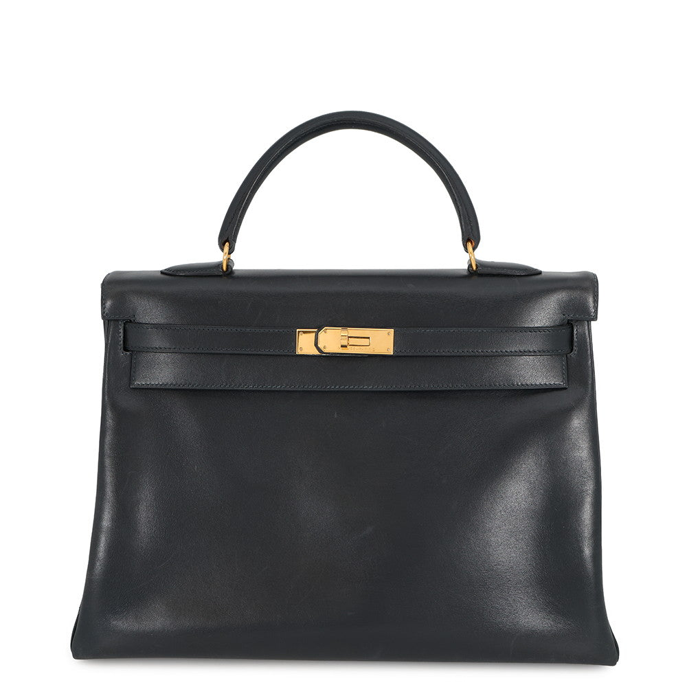 HERMES Kelly Retourne Navy Box Calf Leather Size 35