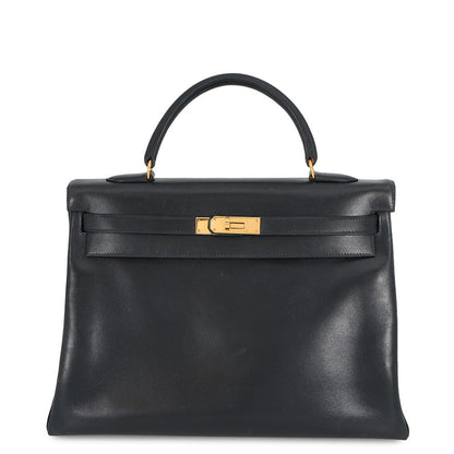 HERMES Kelly Retourne Navy Box Calf Leather Size 35