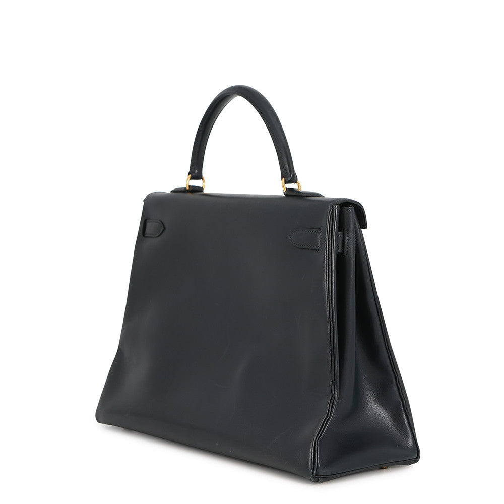 HERMES Kelly Retourne Navy Box Calf Leather Size 35