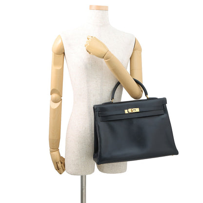 HERMES Kelly Retourne Navy Box Calf Leather Size 35