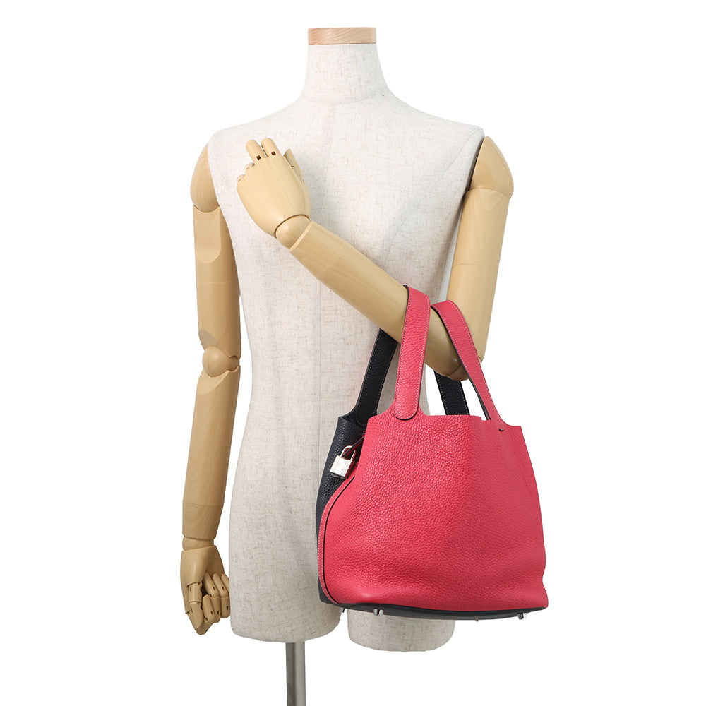 HERMES Picotin Lock Casaque Rose Extreme/Blue Nuit Taurillon Clemence Size MM
