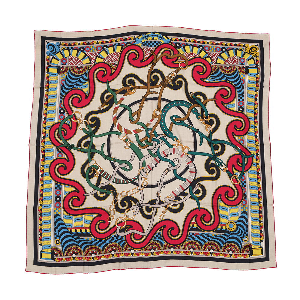 HERMES Carre Gean Harnais Rose Window Size 140 Natural/Rose Fuchsia Cashmere70% Silk30%