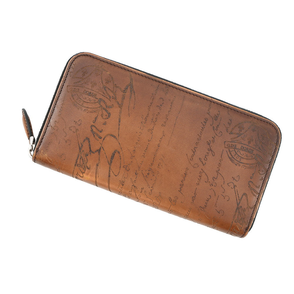Berluti Calligraphy Zip Around Long Wallet Brown Leather