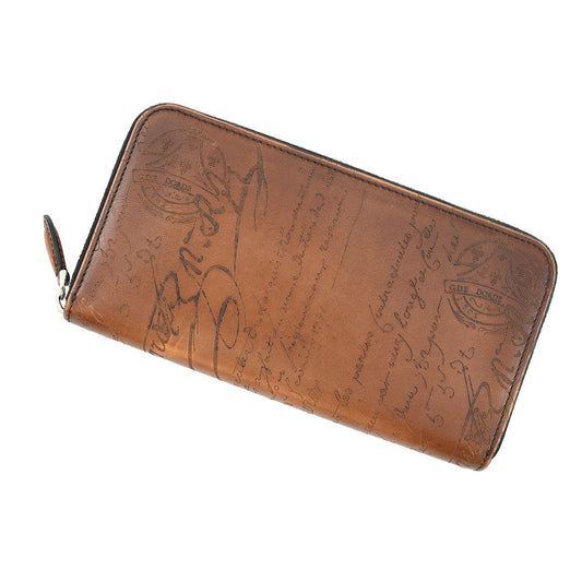 Berluti Calligraphy Zip Around Long Wallet Brown Leather