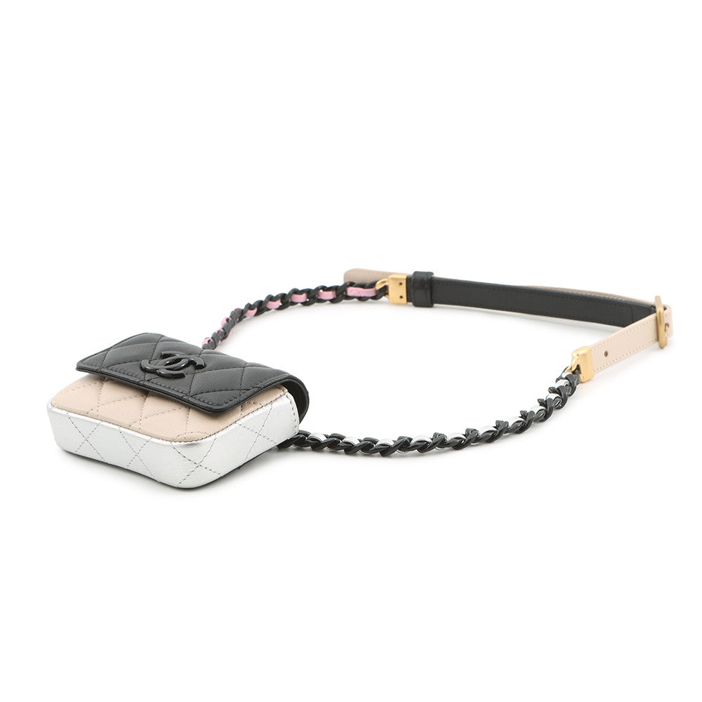CHANEL Matelasse Chain belt bag Black/Beige/Silver Lambskin Size Mini