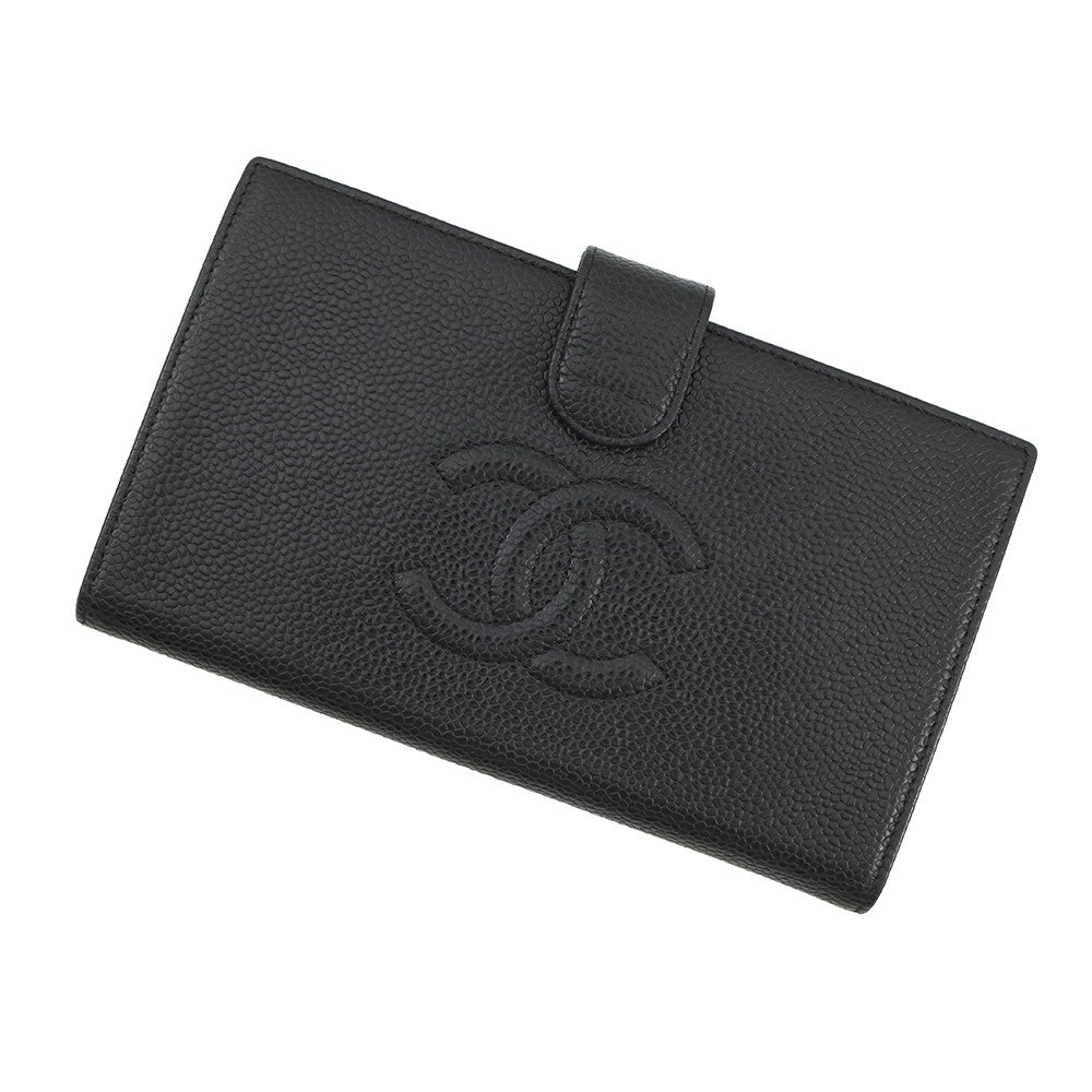CHANEL CC Logo Kiss Lock Long Wallet Black Caviar Leather