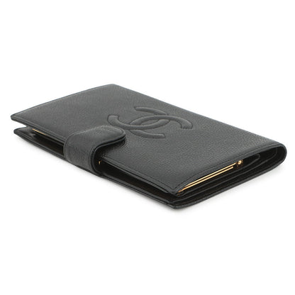 CHANEL CC Logo Kiss Lock Long Wallet Black Caviar Leather