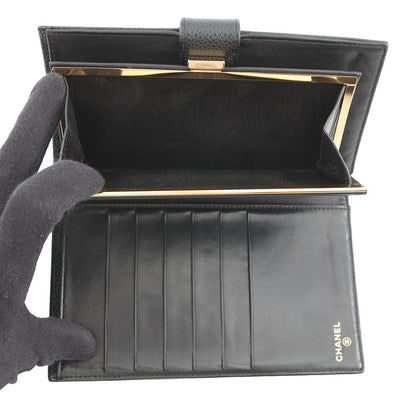 CHANEL CC Logo Kiss Lock Long Wallet Black Caviar Leather
