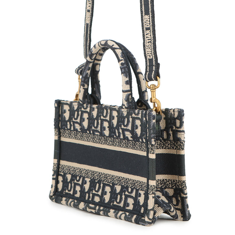Dior Book Tote Oblique Embroidery Navy/BeigeS5573CRIW Canvas Size Mini
