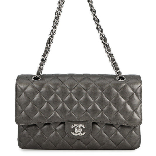 CHANEL Matelasse Chain Shoulder Bag MetalicSilverA01112 Lambskin Size 25