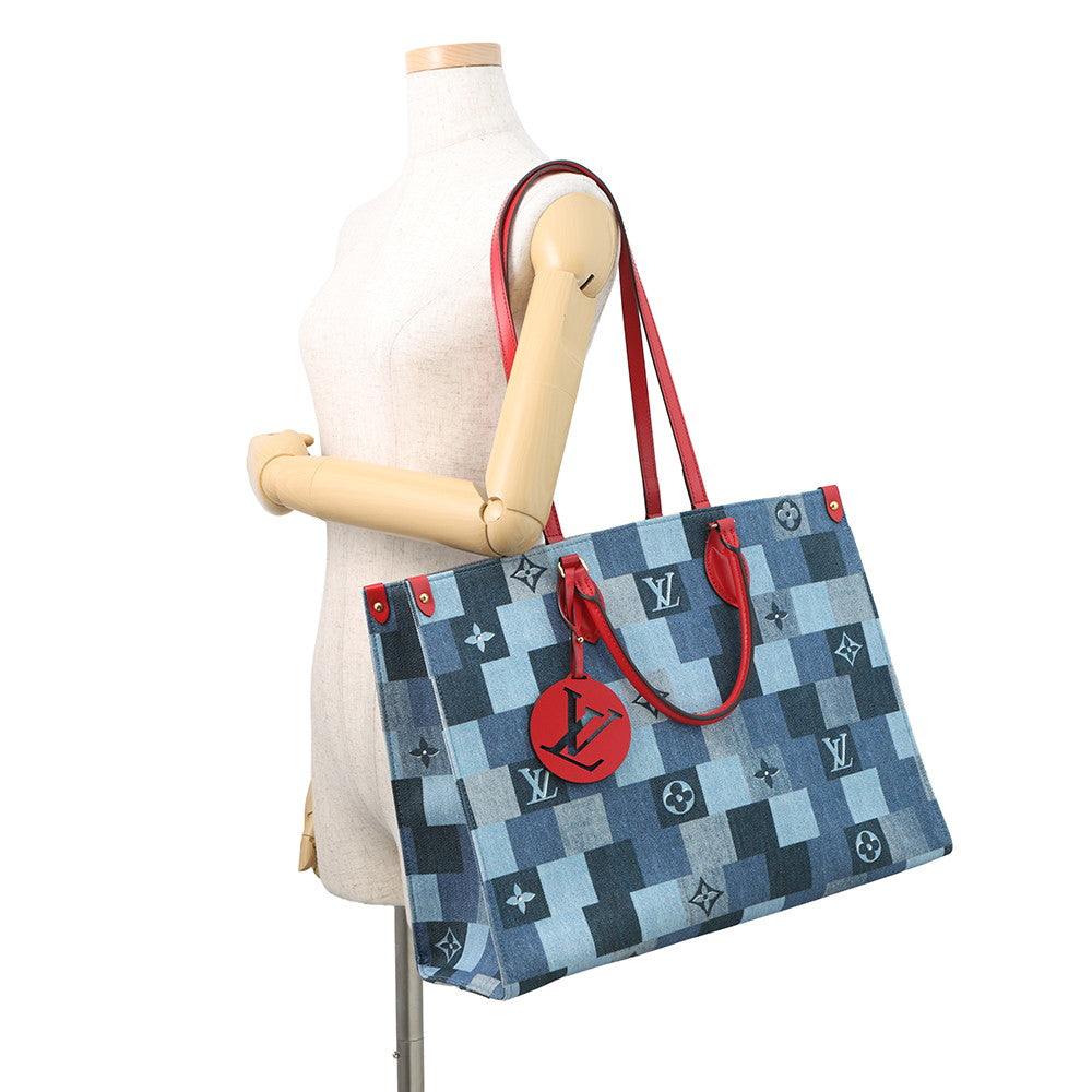 LOUIS VUITTON Onthego Blue/RedM44992 Monogram Denim Leather Size GM