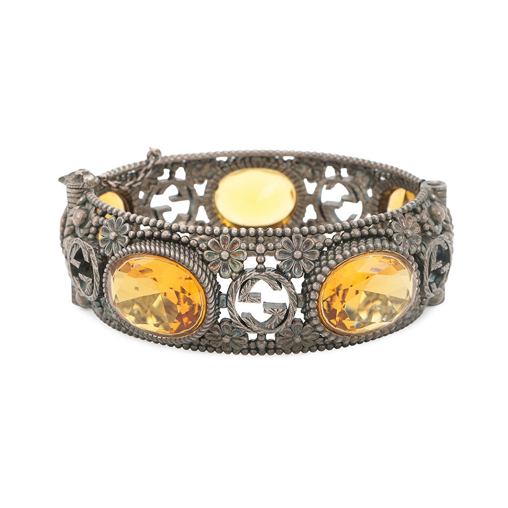 GUCCI Interlocking G Flower Bangle Size 17 Silver/Yellow SV925