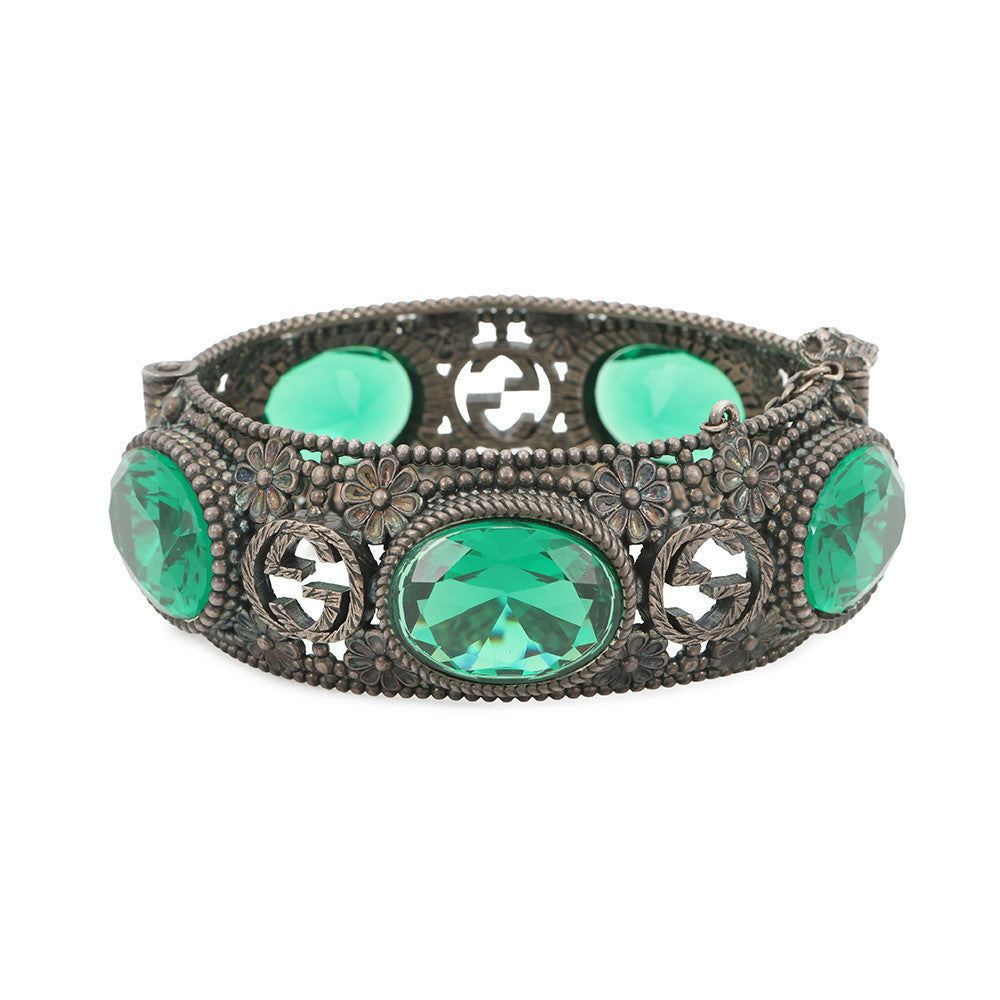 GUCCI Interlocking G Flower Bangle Size 16 Silver/Green SV925