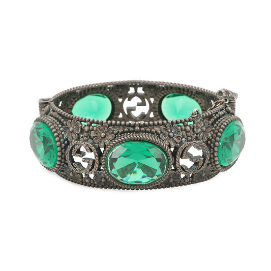 GUCCI Interlocking G Flower Bangle Size 16 Silver/Green SV925