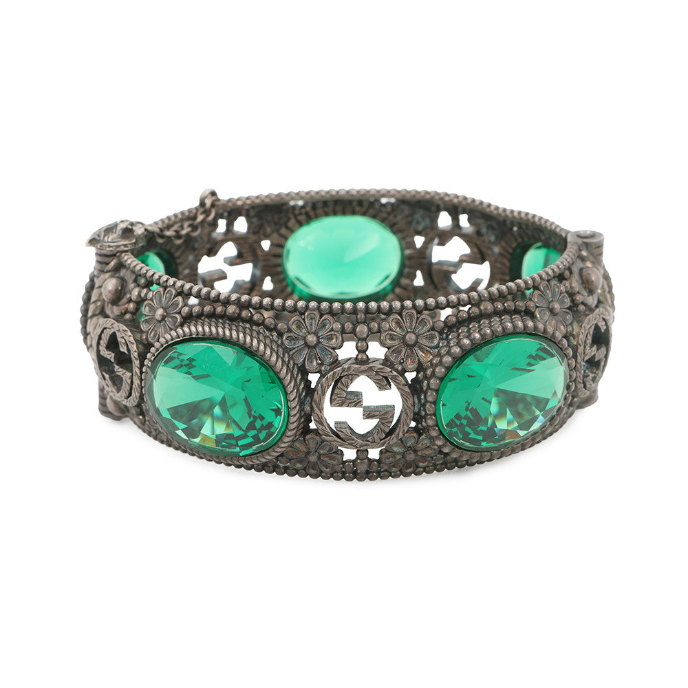 GUCCI Interlocking G Flower Bangle Size 16 Silver/Green SV925