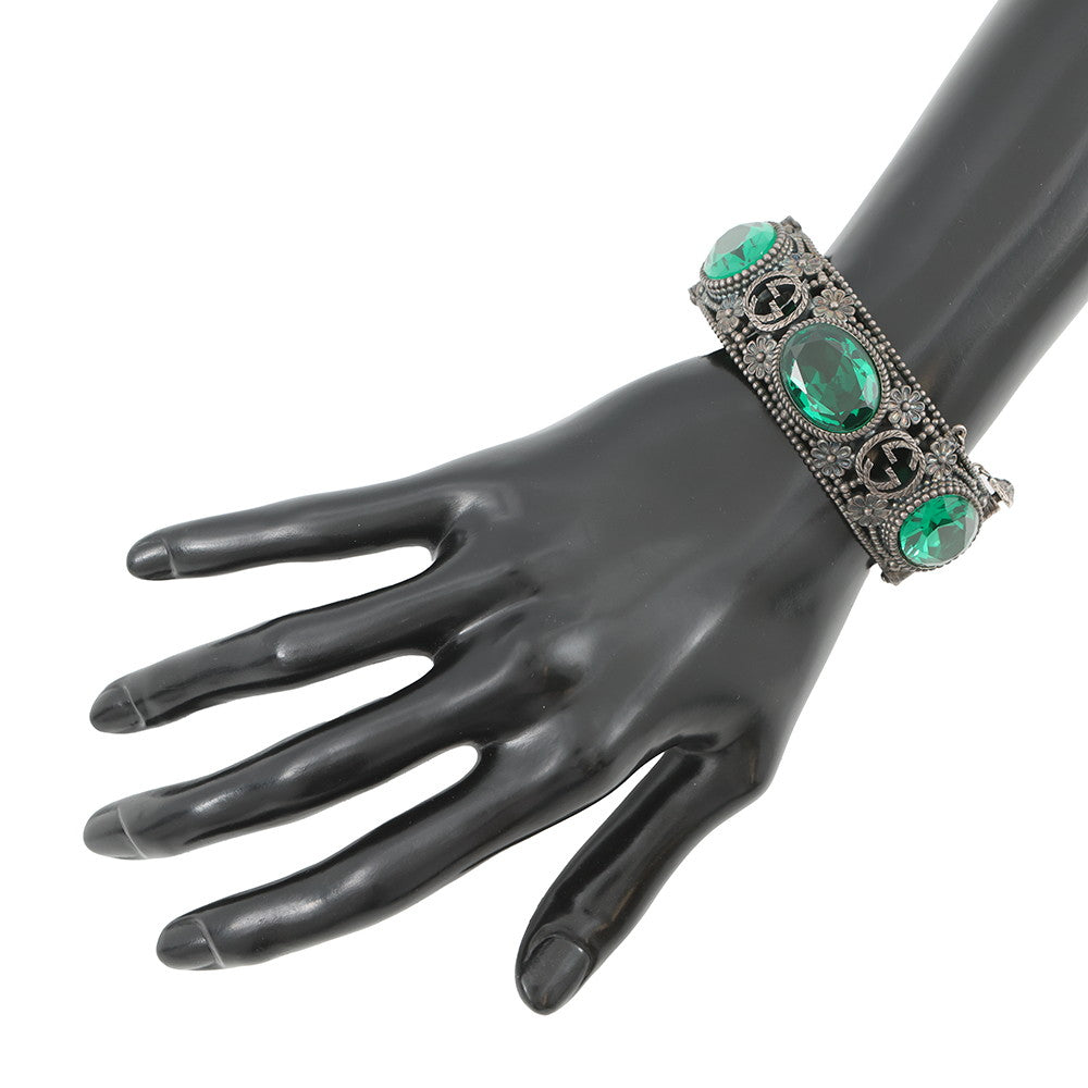 GUCCI Interlocking G Flower Bangle Size 16 Silver/Green SV925