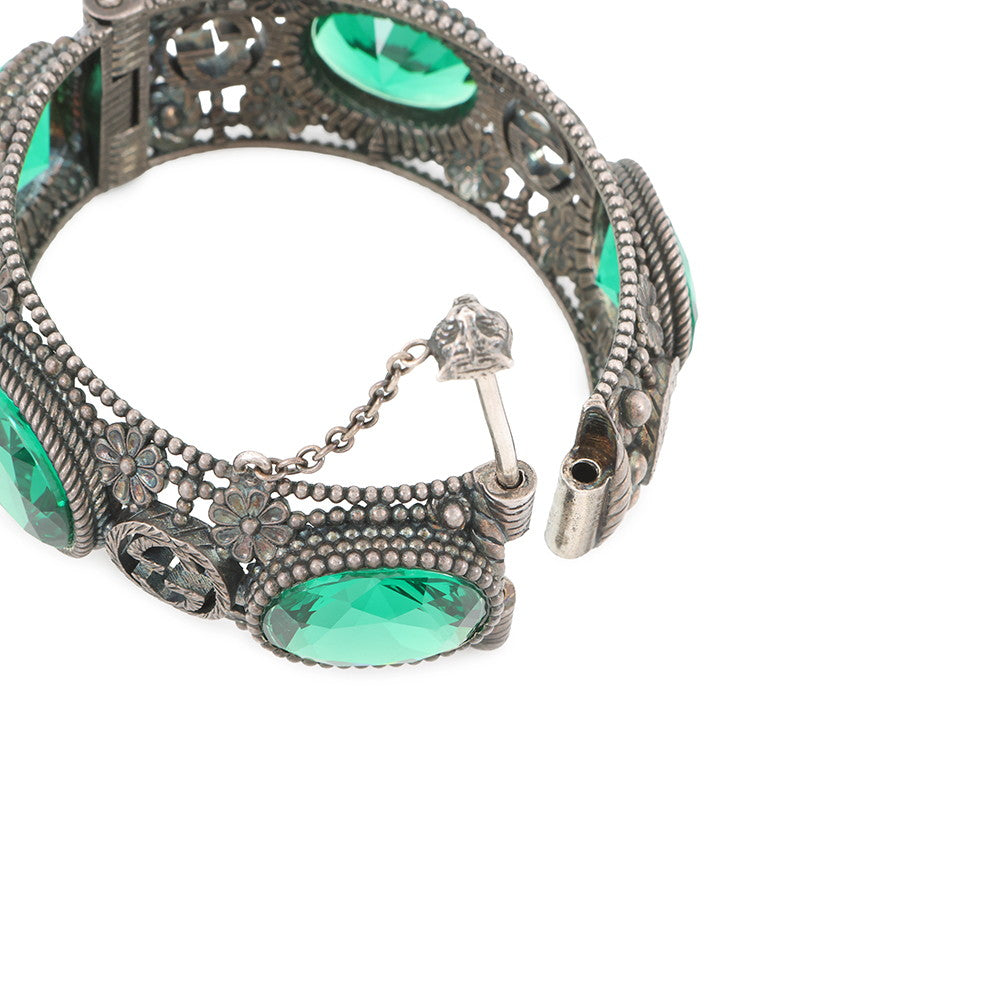 GUCCI Interlocking G Flower Bangle Size 16 Silver/Green SV925
