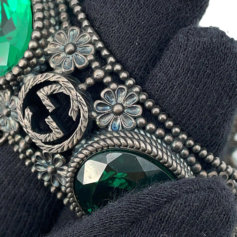 GUCCI Interlocking G Flower Bangle Size 16 Silver/Green SV925