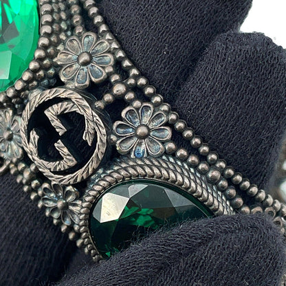 GUCCI Interlocking G Flower Bangle Size 16 Silver/Green SV925
