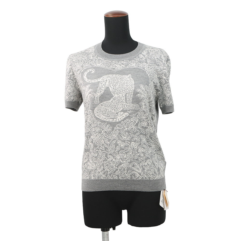 HERMES Jungle Love Short Sleeve Knit Size 38 Gray/White Cashmere46% Silk46% Nylon8%