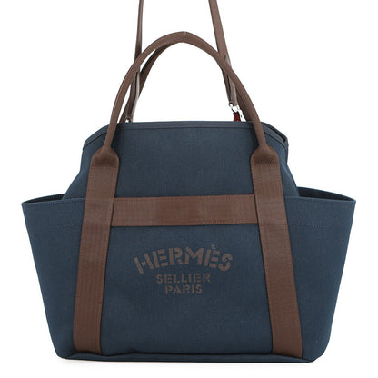 HERMES Sack de Pansage 2-way Tote Navy/Feu Toile Chevrons Canvas