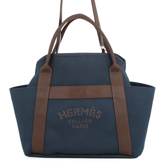 HERMES Sack de Pansage 2-way Tote Navy/Feu Toile Chevrons Canvas