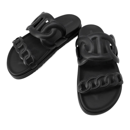 HERMES Extra Sandals Black Leather Rubber Size 37.5