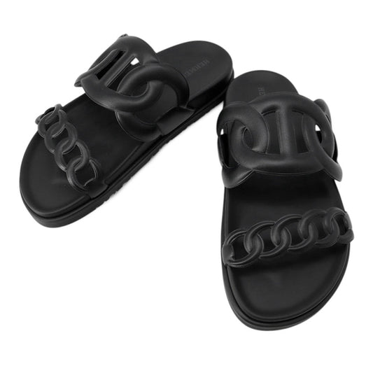 HERMES Extra Sandals Black Leather Rubber Size 37.5