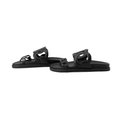HERMES Extra Sandals Black Leather Rubber Size 37.5