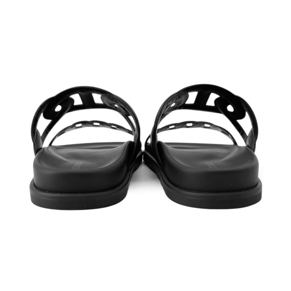 HERMES Extra Sandals Black Leather Rubber Size 37.5