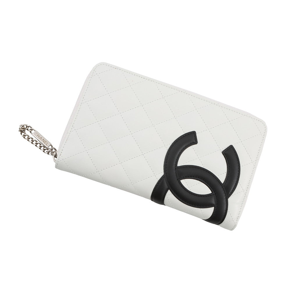 CHANEL Cambon Line Zip Around Long Cloth White/Black/PinkA26710 Calf Leather
