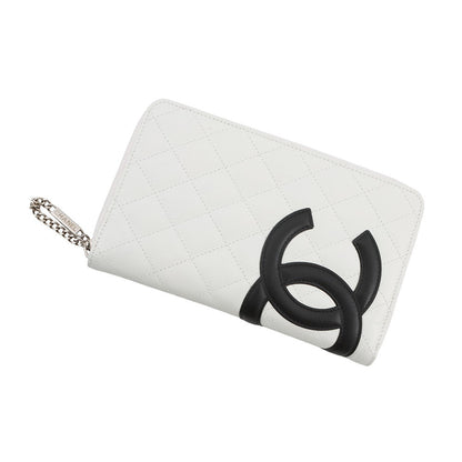 CHANEL Cambon Line Zip Around Long Cloth White/Black/PinkA26710 Calf Leather