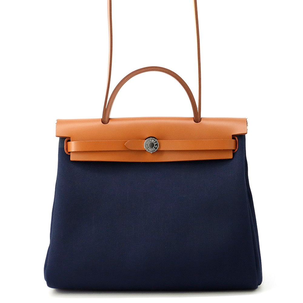 HERMES Herbag zip Navy/Natural Toile H Vache Hunter Leather Size PM