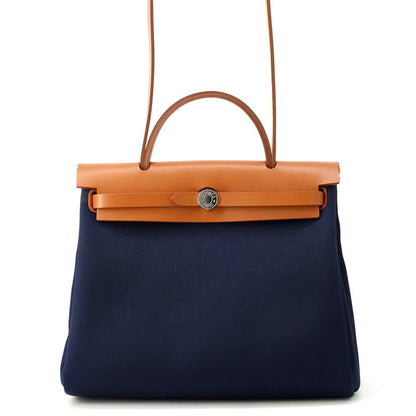 HERMES Herbag zip Navy/Natural Toile H Vache Hunter Leather Size PM