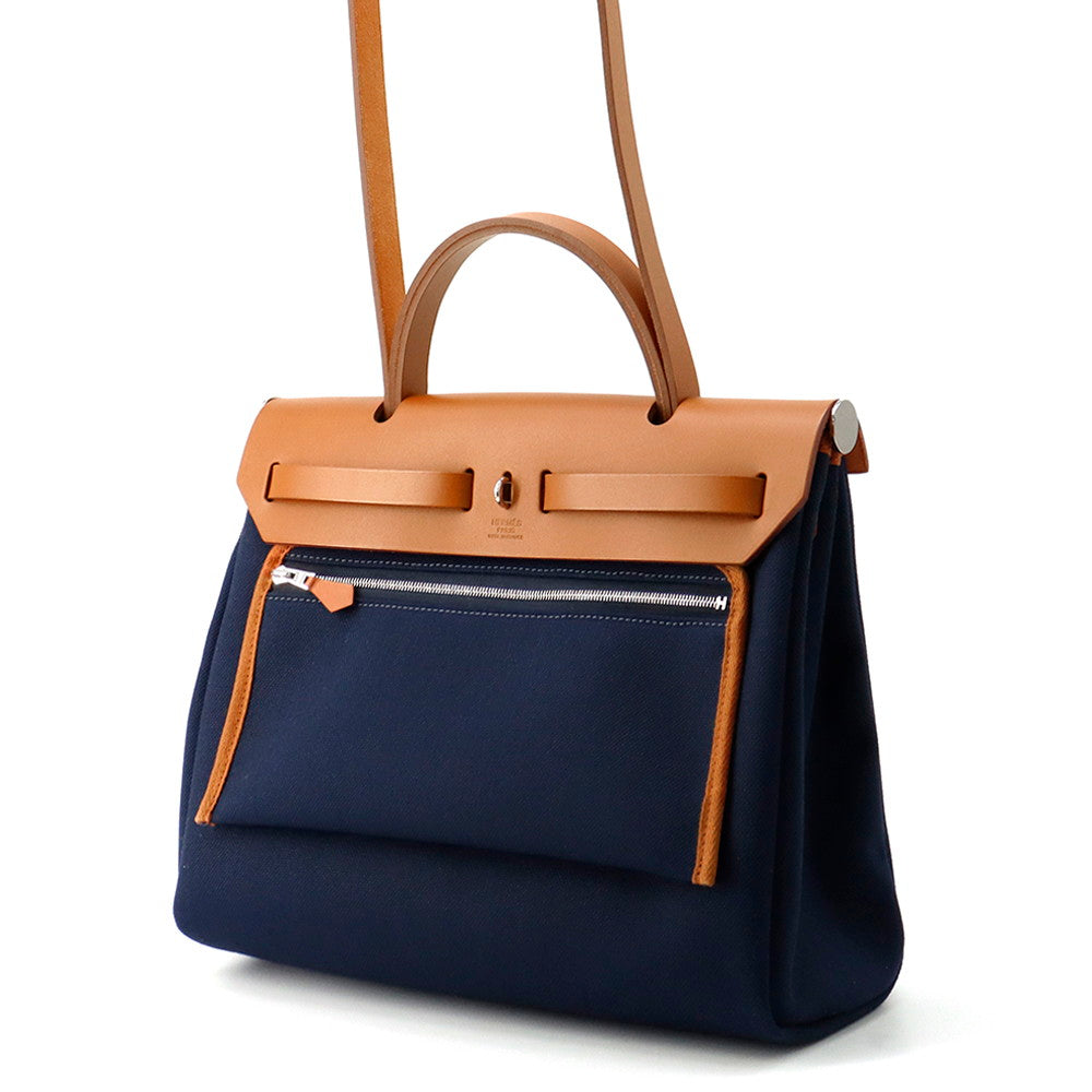 HERMES Herbag zip Navy/Natural Toile H Vache Hunter Leather Size PM