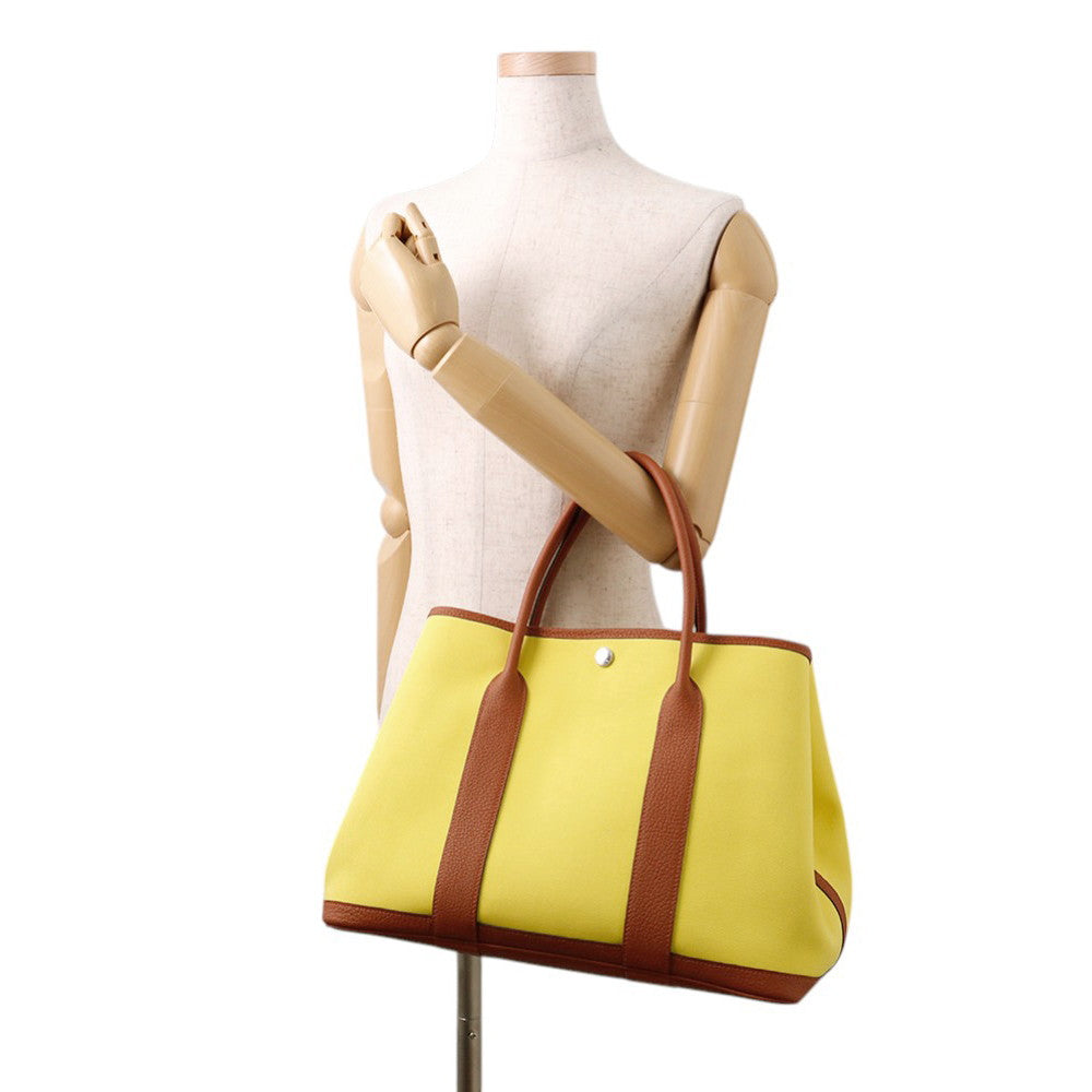 HERMES Garden Party Lime/Brown Toile Officier Negonda Leather Size PM
