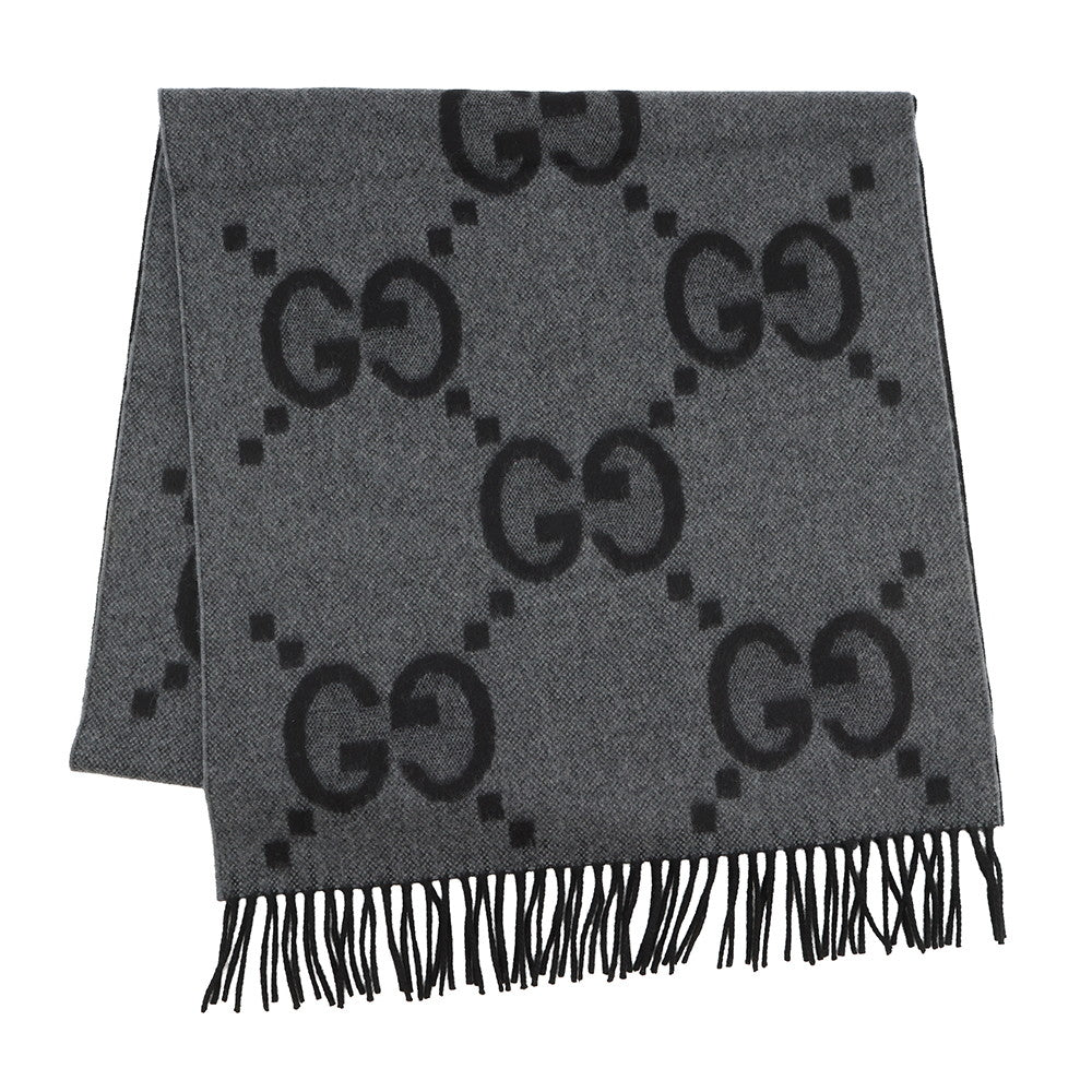 GUCCI GG Jacquard Scarf Gray/Black674275 Cashmere100%