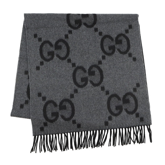 GUCCI GG Jacquard Scarf Gray/Black674275 Cashmere100%