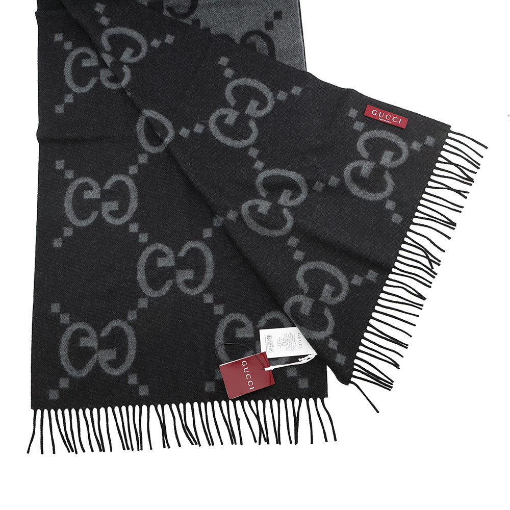 GUCCI GG Jacquard Scarf Gray/Black674275 Cashmere100%