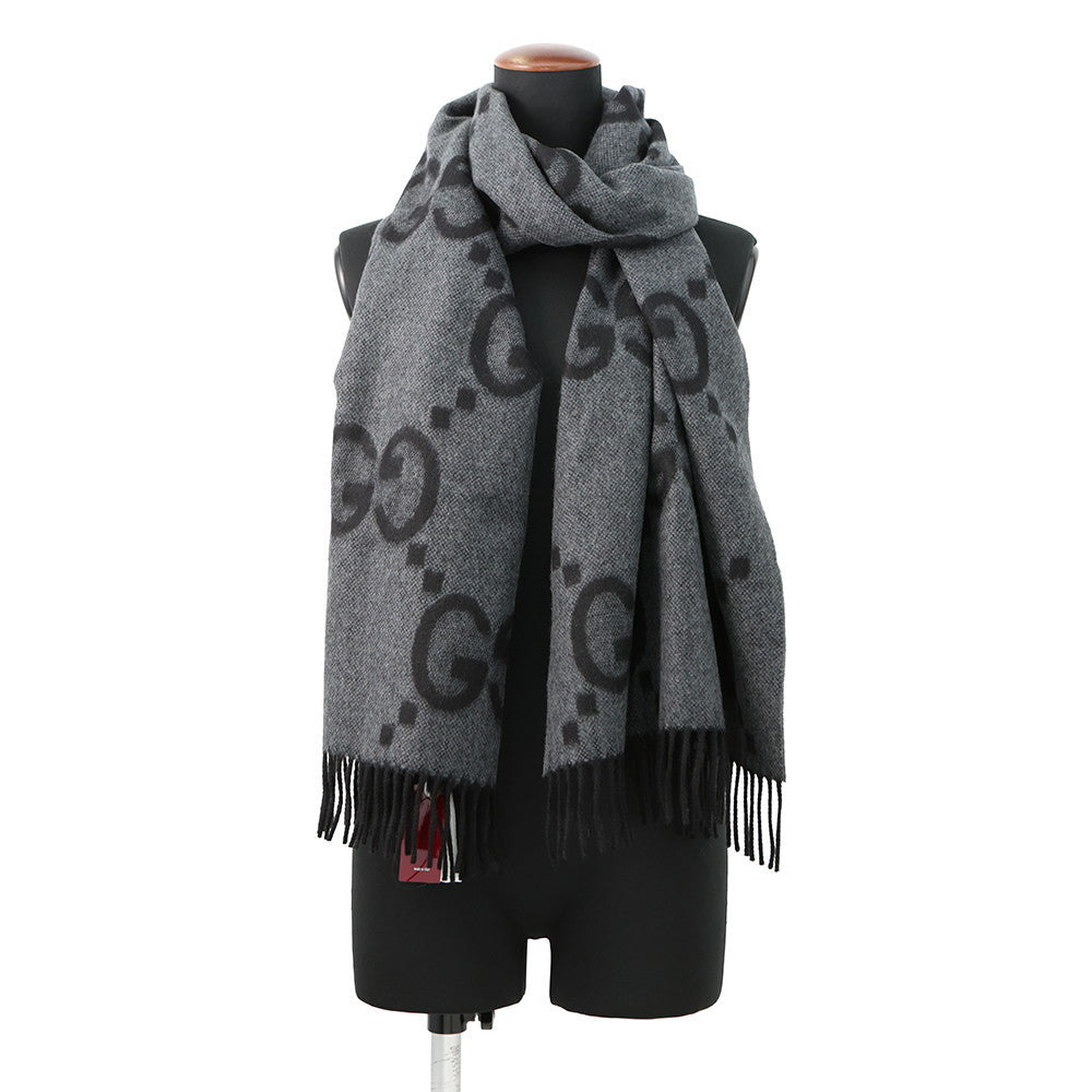 GUCCI GG Jacquard Scarf Gray/Black674275 Cashmere100%