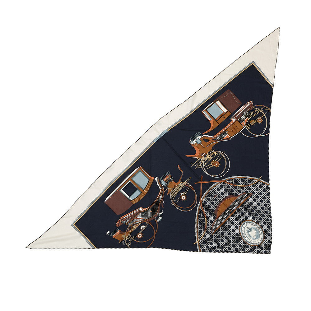 HERMES Giant Square Triangle Folding Canopy Carriage Size 140 Navy/White/Caban/Tabac Cashmere70% Silk30%