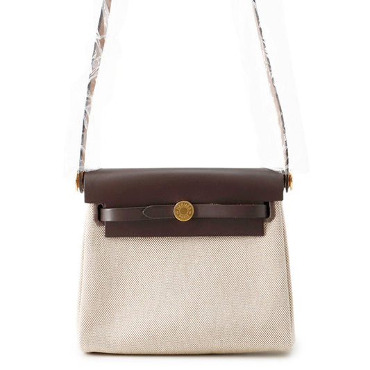 HERMES Herbag zip Ecru/Ebene Toile H Vache Hunter Leather Size Mini