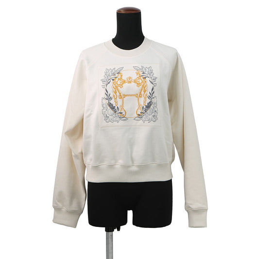 HERMES Raglan Sleeve Knitted Fabric "Della Cavalleria" Embroidery Size 38 Blanc CasseH5H4626DE9134 Silk68% Cotton32%