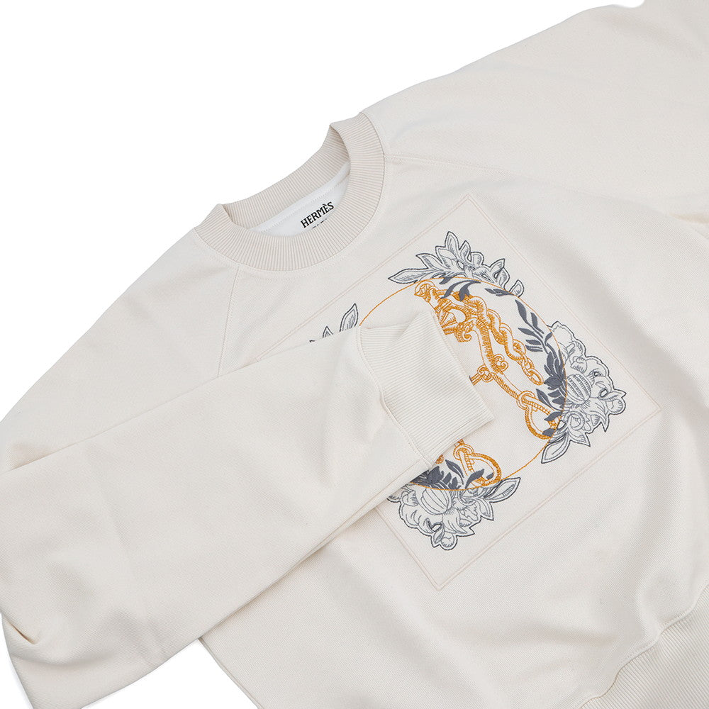 HERMES Raglan Sleeve Knitted Fabric "Della Cavalleria" Embroidery Size 38 Blanc CasseH5H4626DE9134 Silk68% Cotton32%