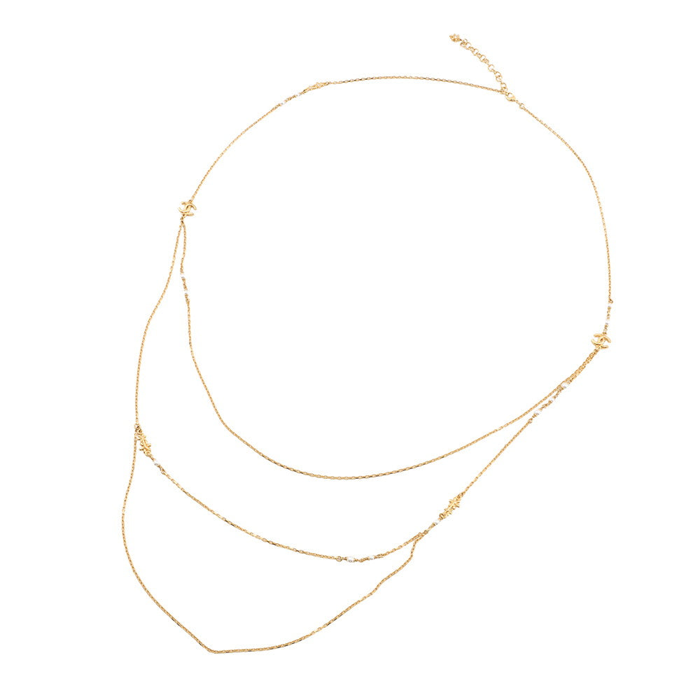 CHANEL CC Logo 3-row Long NecklaceABB320 Gold Plated Rhinestone Faux Pearl