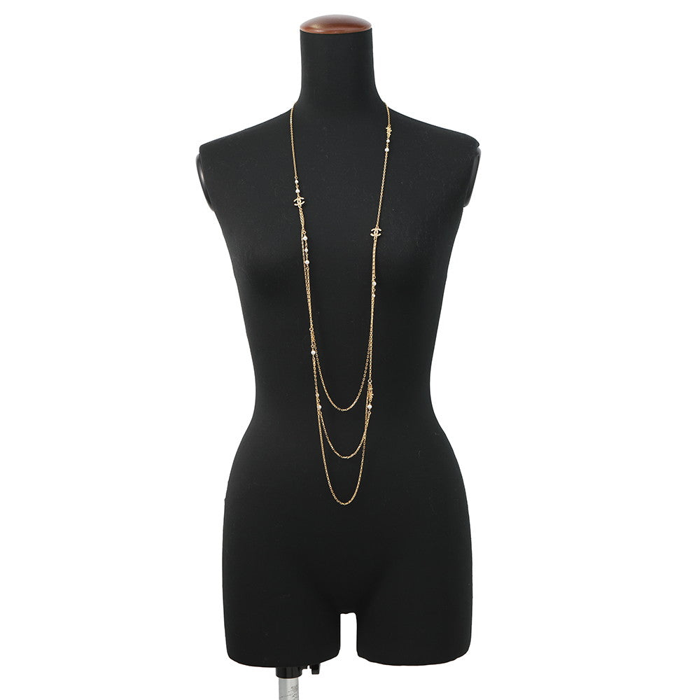 CHANEL CC Logo 3-row Long NecklaceABB320 Gold Plated Rhinestone Faux Pearl